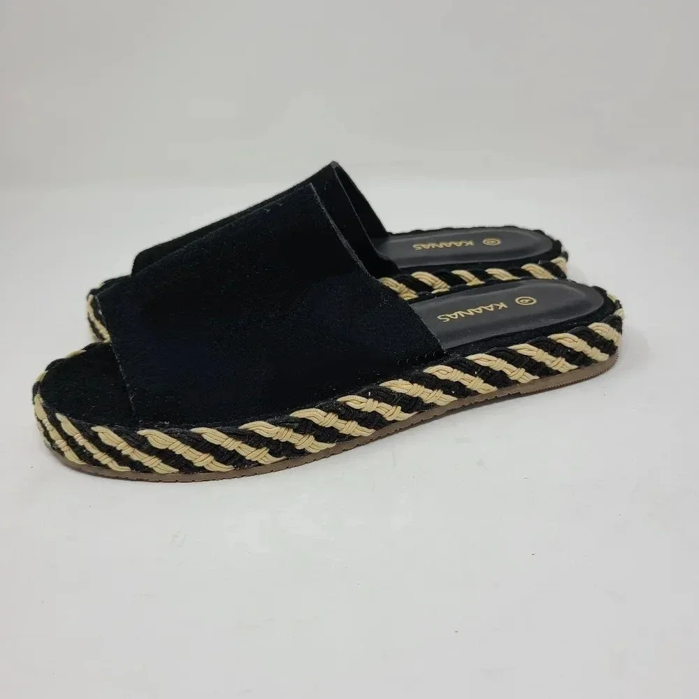NWT Kaanas Maui Black Leather Open Toe Slides 6